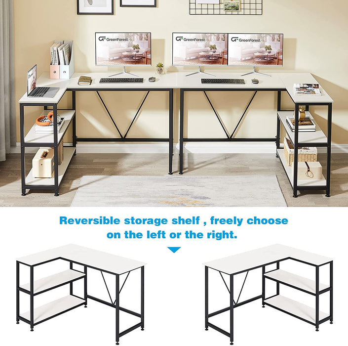 Small L-Shaped Desk with Storage Shelf, White