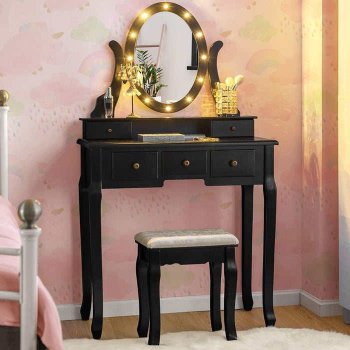 Black Vanity Dressing Table Set with Rotating Mirror