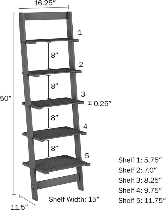 Gray Wooden 5-Tier Ladder Bookshelf for Home Décor