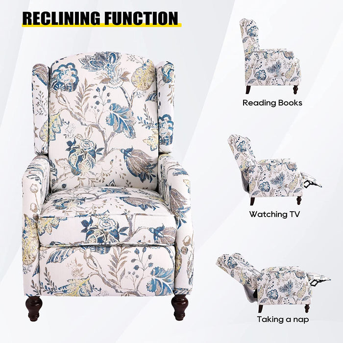 Upholstered Wingback Recliner Chair, Padded, Blue Floral