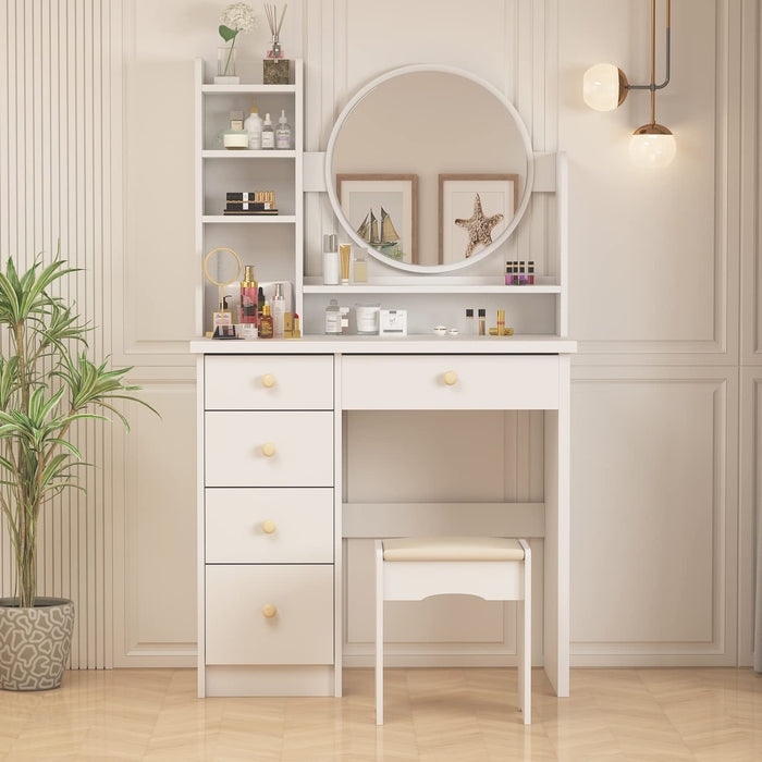 White Vanity Set with round Mirror & Drawer Storage