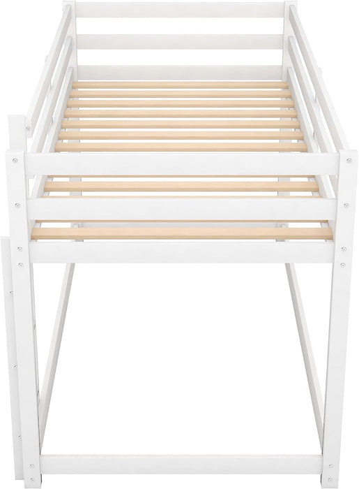 White Low Twin Bunk Bed with Guardrails and Ladder