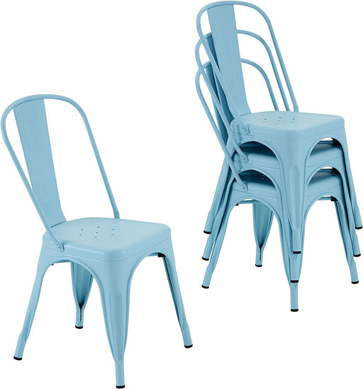 Set of 4 Metal Dining Chairs, Farmhouse Tolix Style, Indoor/Outdoor, Blue