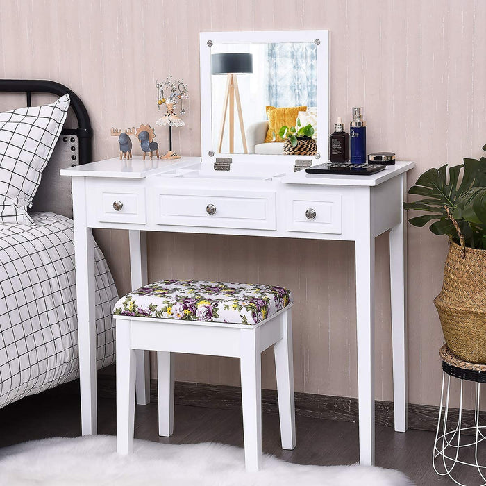 White Vanity Set with Flip Top Mirror and Drawers