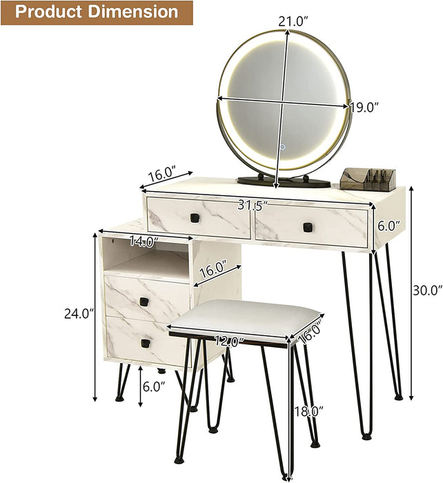 Vanity Set with Lighted Mirror, Left or Right Side Cabinet (Marble White)