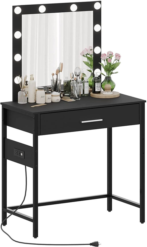 Black Vanity Desk with Lighted Mirror, Charging Station