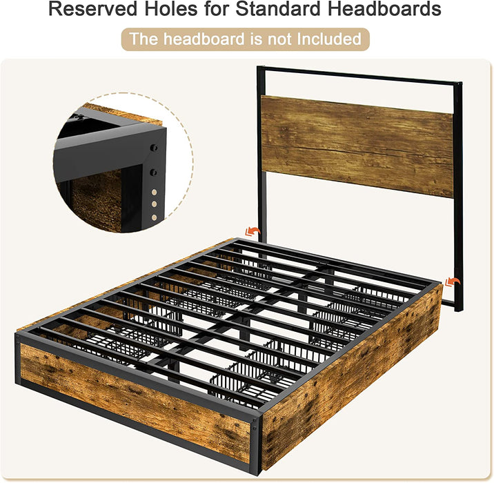 Vintage Brown Industrial Metal Queen Platform Bed Frame W/ Footboard and XL Storage Drawers