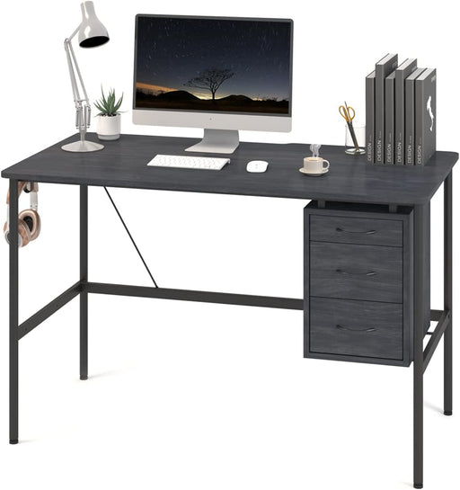 Black Writing Desk with 3 Drawers and Monitor Stand
