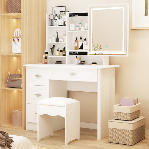 Large White Makeup Vanity Set with Sliding Lighted Mirror
