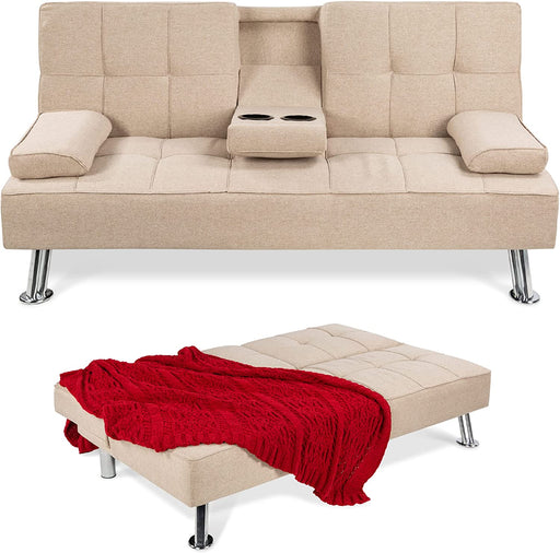 Compact Beige Futon Sofa Bed with Armrests