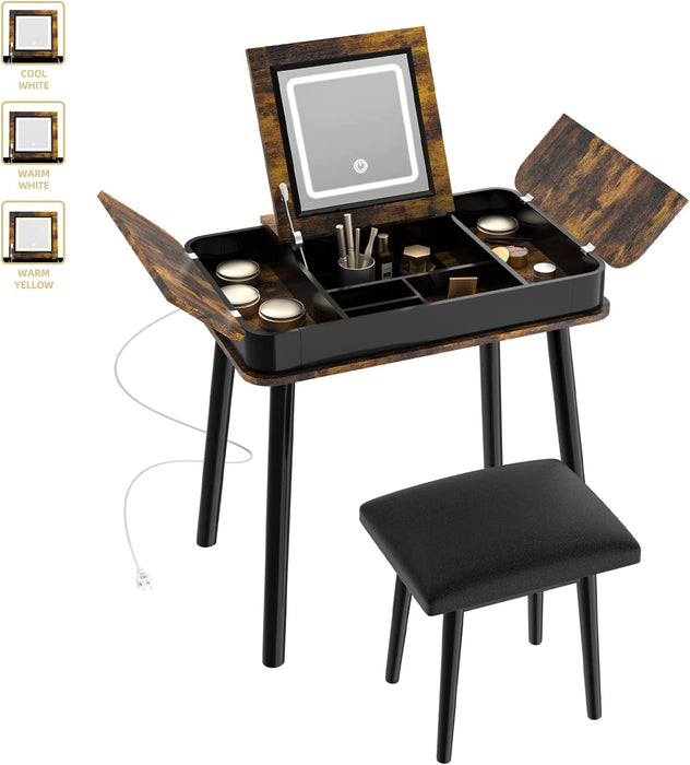 Brown Retro Wooden Vanity Desk Set with Lights