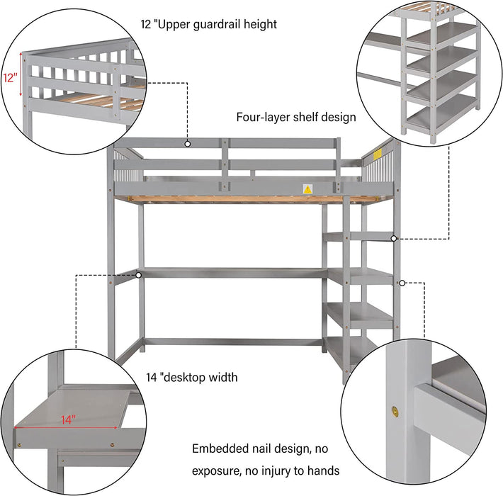 Twin Size Loft Bed with Storage Shelves and Desk