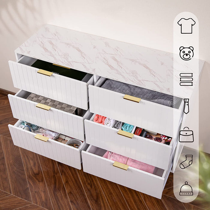 White 6 Drawer Double Dresser, Imitation Marble Texture