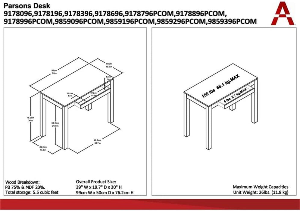 White Parsons Desk with Drawer, 19.7D X 39W X 30H