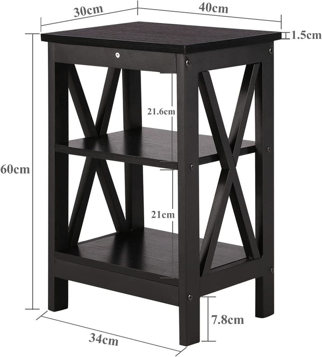 Side Table with 3-Tier Storage Shelf, Black