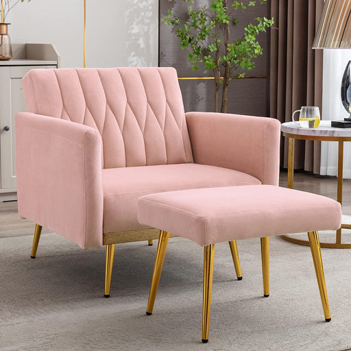 Pink Velvet Chair with Ottoman and Armrests