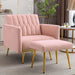 Pink Velvet Chair with Ottoman and Armrests