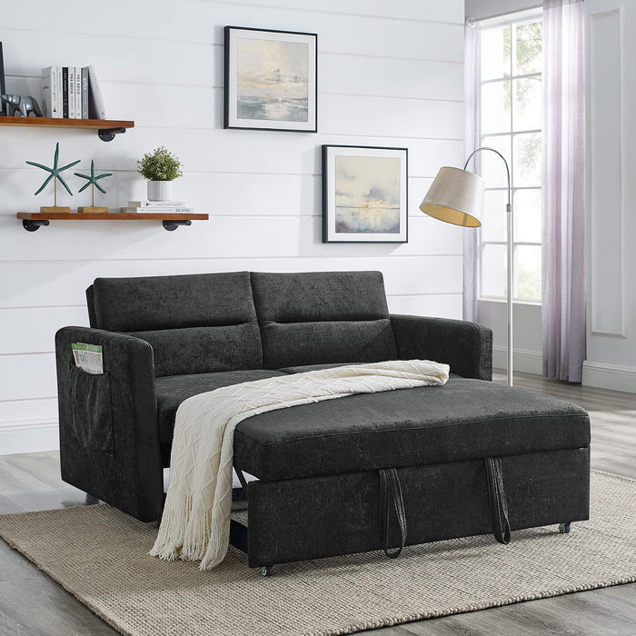 3 in 1 Convertible Sleeper Sofa Bed, Modern Velvet Loveseat Futon Sofa Couch W/Pullout Bed, Small Love Seat Lounge Sofa W/Reclining Backrest, Toss Pillows, Pockets, Furniture for Living Room, Grey