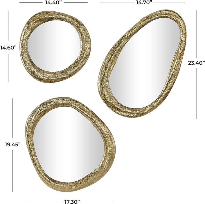 Aluminum Abstract Wall Mirror, Set of 3 23", 19", 15"H, Gold