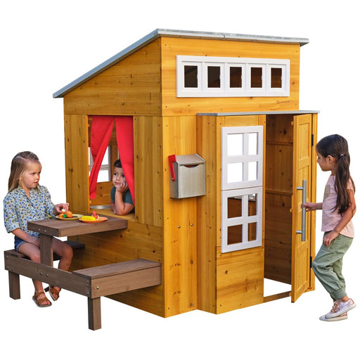 Modern Outdoor Wooden Playhouse with Picnic Table, Mailbox and Outdoor Grill
