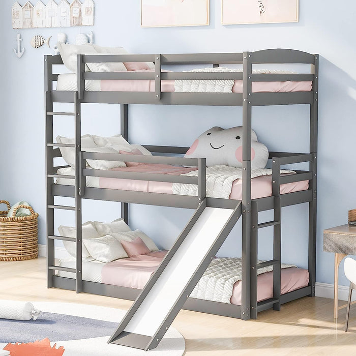 Twin over Twin Triple Bunk Bed with Slide and Guard Rails