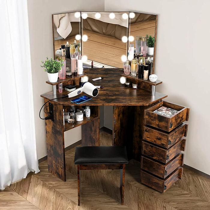 Corner Vanity Desk with Lights and Drawers