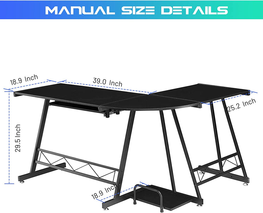 Jet Black L-Shaped Computer Desk with Stand