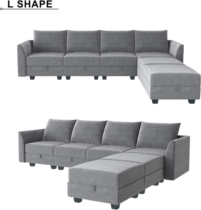 Grey U-Shaped Modular Sofa with Ottomans