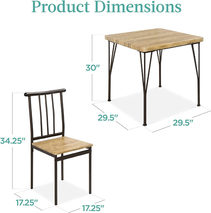 3-Piece Metal and Wood Square Dining Table Set, Brown