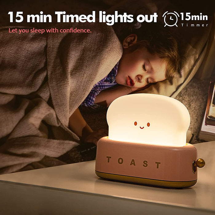 Cute Desk Decor Toaster Lamp, Kawaii LED Toast Bread Night Light Rechargeable and Portable Light with Timer, Christmas Gifts Ideas for Baby Kids Girls Teens Teenages. Pink