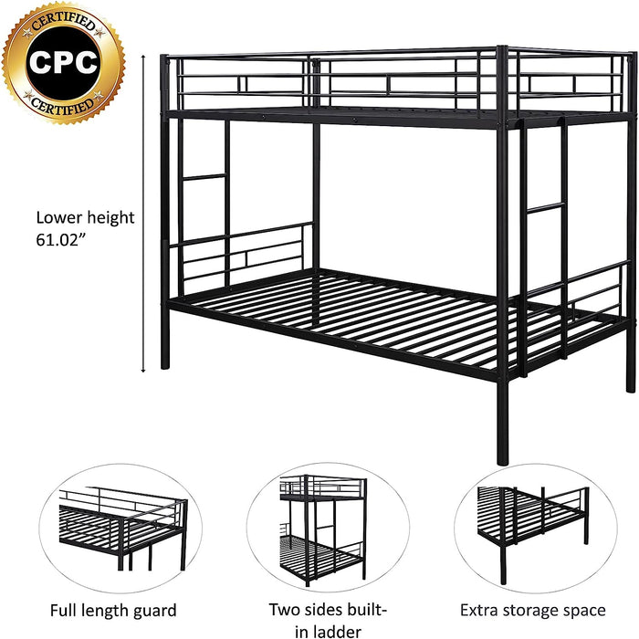 Heavy Duty Twin Size Metal Bunk Bed with Guardrail & Ladders