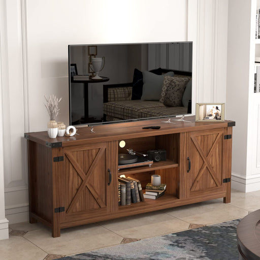 Walnut TV Stand with Barn Doors, Storage Cabinets