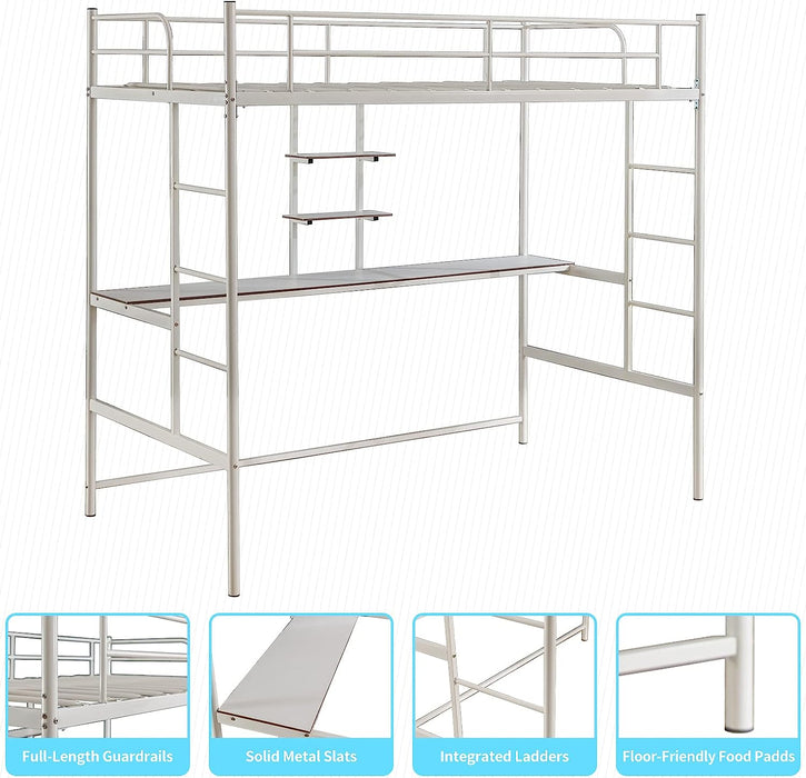 Twin Metal Loft Bed W/ Desk & Storage, White