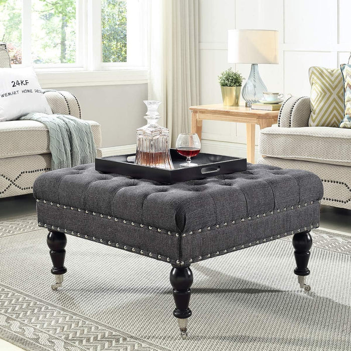 Charcoal Gray Tufted Ottoman with Rolling Wheels