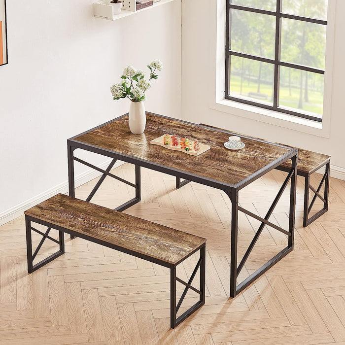 Dining Table Set for 4 with Benches, Brown