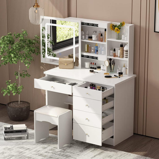 Large Vanity Desk Set with Sliding Lighted Mirror