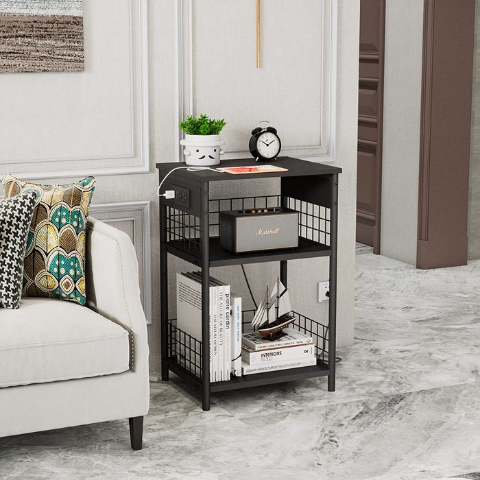 Black Small Nightstand with Charging Station