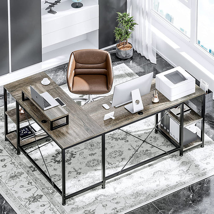 Grey L-Shaped Desk with Shelves and Stand