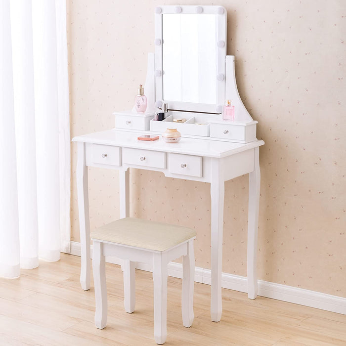 White Vanity Set with Lights, Mirror, and Drawers