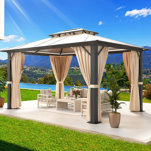 Hardtop Gazebo, Outdoor Polycarbonate Double Roof Aluminum Furniture 10'X 13' Gazebo Canopy with Netting and Curtains for Deck Backyard Wedding Garden
