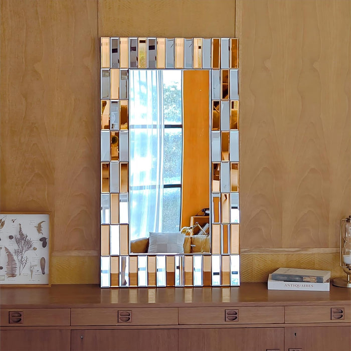 Decorative Rectangle Wall Mirror: 39.3X27.5 Inch Extra Large Glass Vanity with Silver and Golden Brown Glam Bling Mosaic Art Mirror Edge Frame, Livingroom Luxury Modern Wall Decoration