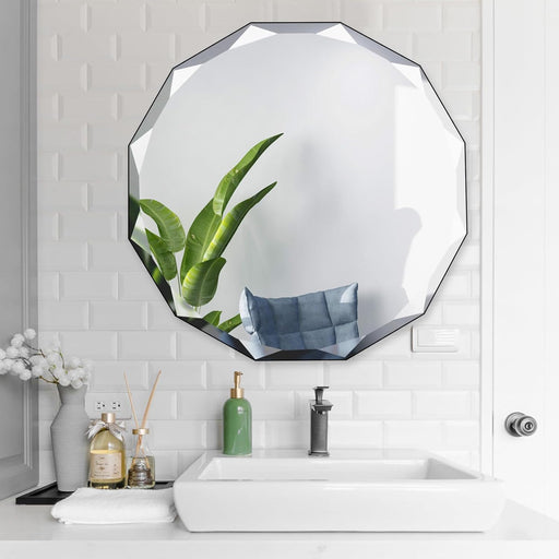 24" X 24"Beveled Edge Frameless Wall Mount Mirror, Irregular Shaped, Unique Vanity Mirror, Frameless Wall Mirror for Bathroom, Living Room, Bedroom, Entryway