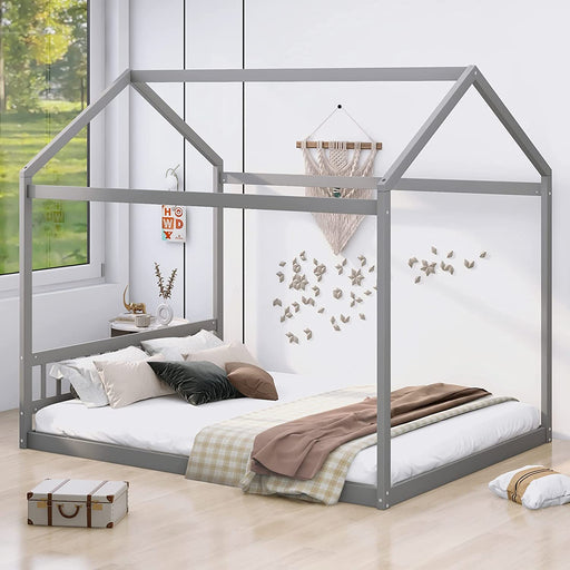 Gray Queen Size Wooden House Bed with Headboard