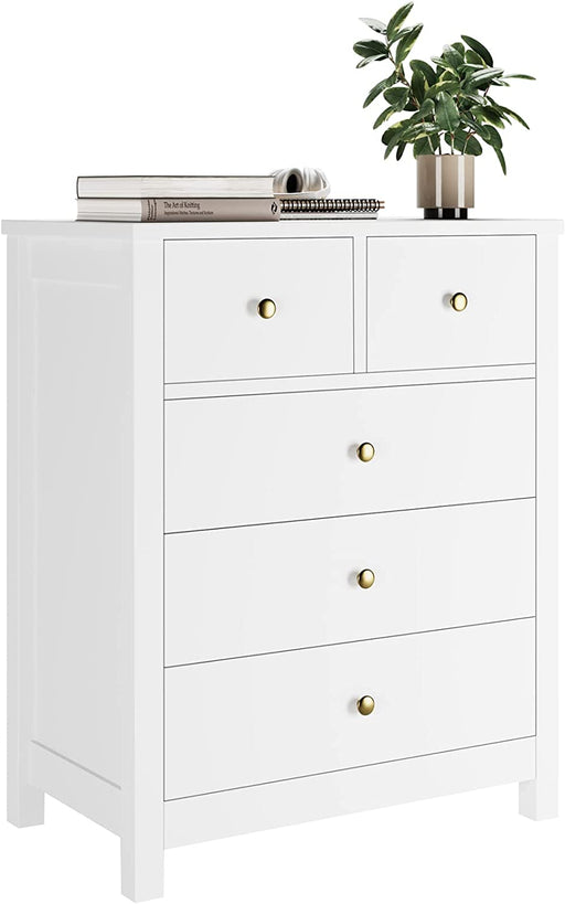 White Wood Nightstand with 5 Drawers