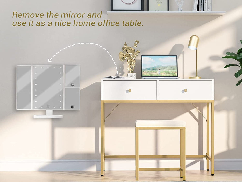 White and Gold Tri-Fold Vanity Desk