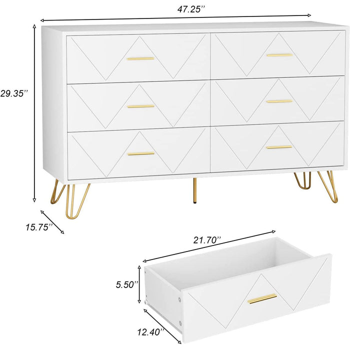 White 6-Drawer Dresser with Wide Drawers