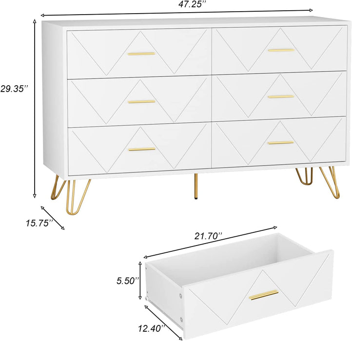 White 6-Drawer Dresser with Wide Drawers