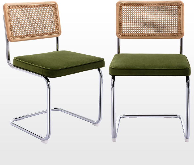 Velvet and Rattan Dining Chairs, Green