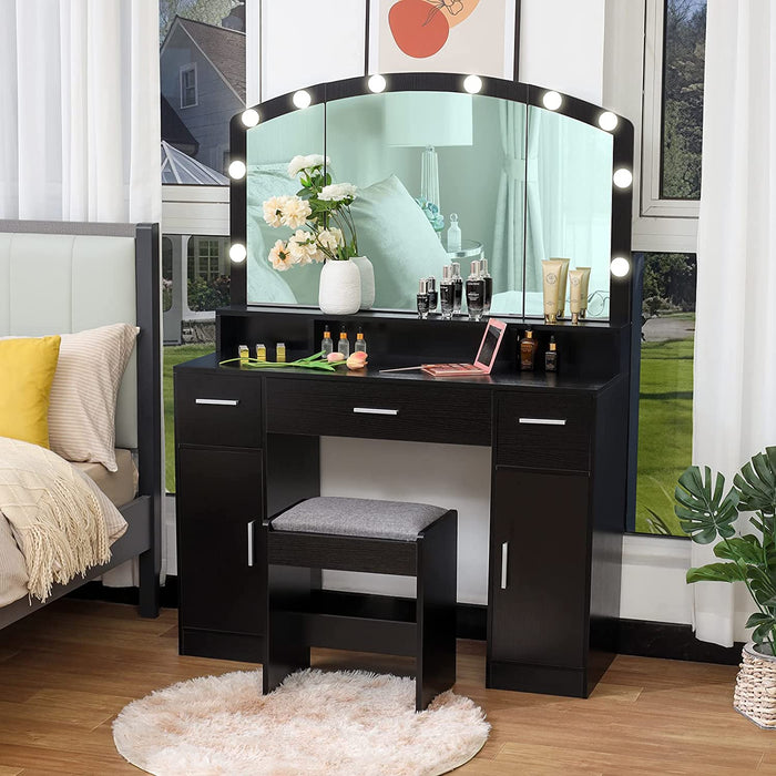 Black Vanity Table Set with Large Lighted Mirror