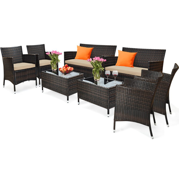 8-Piece Patio Rattan Outdoor Furniture Set with Cushioned Chair Loveseat Table in Brown